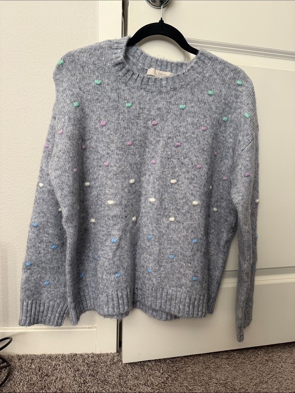 LOFT Gray Pom-Pom Crewneck Sweater with Pastel Dots